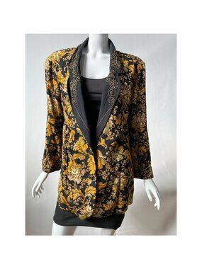 Carole Little Petites Womens Vintage Black & Gold Floral Blazer Jacket Size 10P